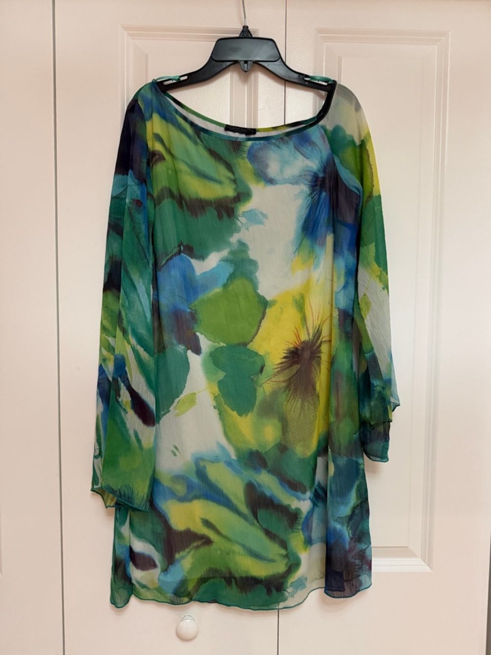 Nina Leonard Green Abstract Floral Sheer Overlay Dress Layered Chiffon Tunic